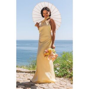 Show Me Your Mumu Jasmine Halter Maxi Dress Pale Yellow Luxe Satin S NWT